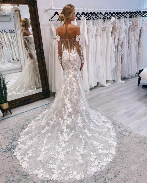 Elegant Mermaid Off the Shoulder Lace Long Sleeves Wedding Dresses VK23012702