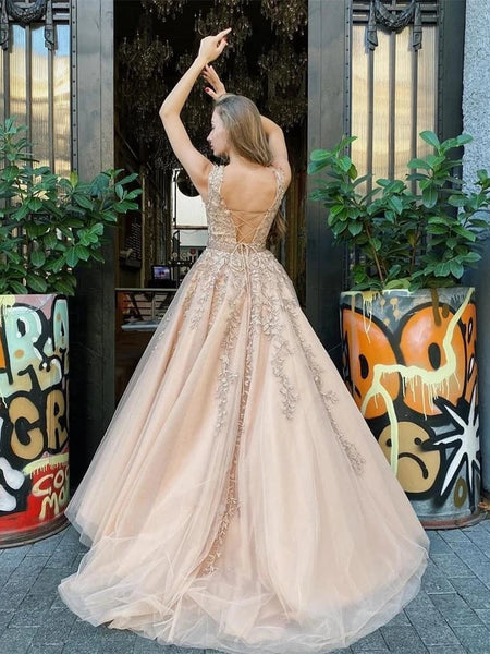 Elegant Bateau A-line Prom Dresses Tulle Appliqued Evening Gowns Champagne Prom Dresses VK0119016