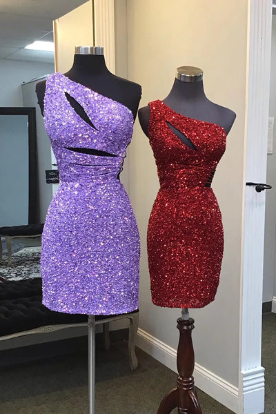 Sparkly Purple One Shoulder Cut Out Sequins Tight Short Homecoming Dress VK23091907