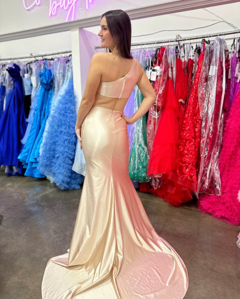 Champagne Silk Satin One Shoulder Mermaid Long Prom Dresses VK24010304