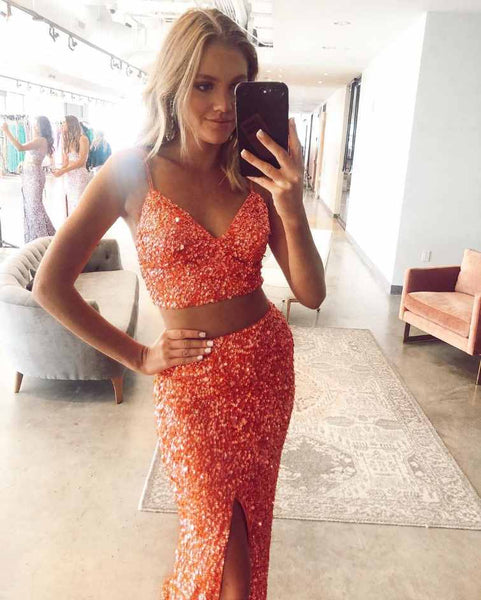 Glitter Lilac Two Piece Sequins Mermaid Prom Dress with Side Split VK0205001