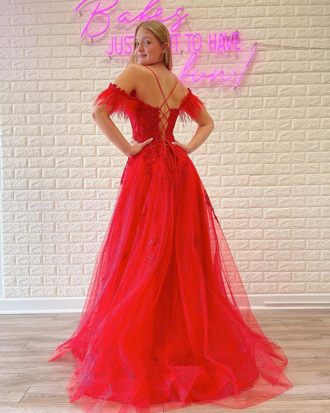 Charming A Line Off the Shoulder Red Tulle Long Prom Dresses with Slit VK23012201
