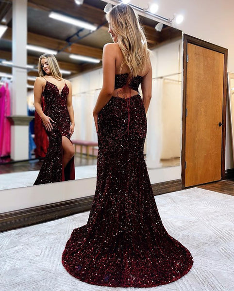 Stunning Mermaid V Neck Royal Blue Prom Dresses with Slit VK22022401