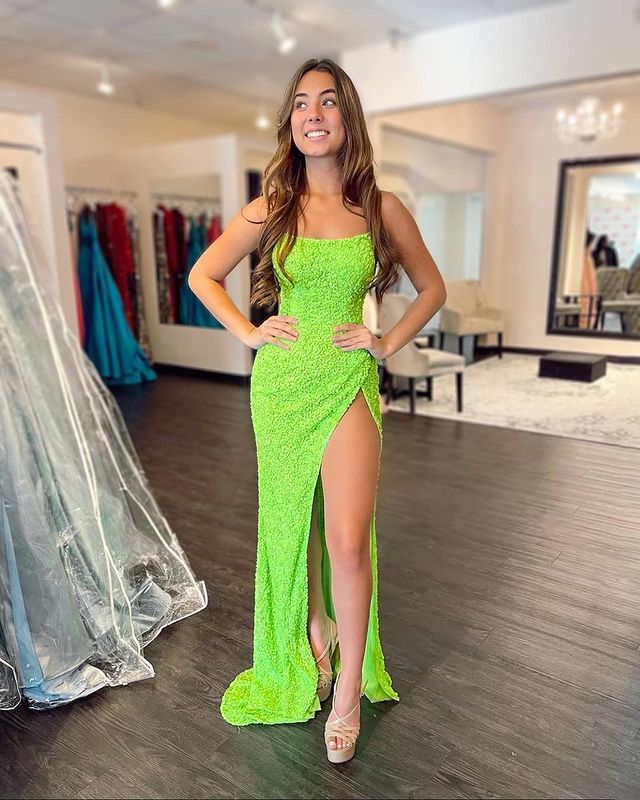 Free Shipping Stunning Mermaid Fluorescent Green Sequins Prom Dresses with Slit VK22041301 Vickidress Free Shipping Stunning Mermaid Fluorescent Green Sequins Prom Dresses with Slit VK22041301 Vickidress