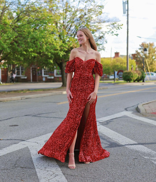 Sparkly Mermaid Off the Shoulder Sequins Long Prom Dresses with Slit VK112604
