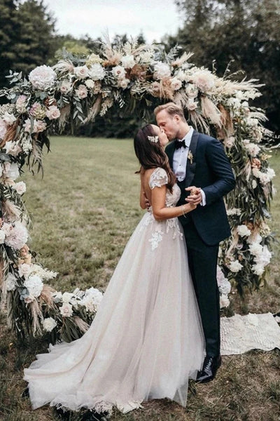 Cap Sleeves Deep V-neck Lace Appliques A-Line Rustic Wedding Dress VK0311006
