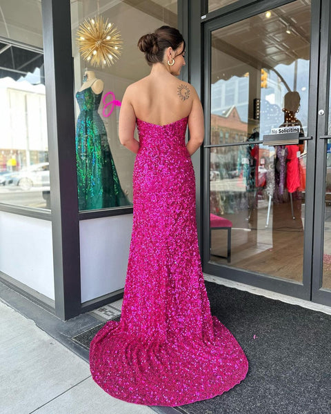 Cute Strapless Hot Pink Sequins Prom Dresses with Slit VK23040403