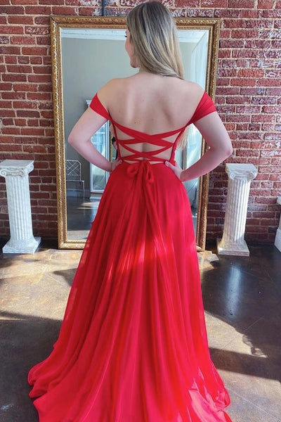 Fairy A-Line Off the Shoulder Cross Back Red Long Prom Evening Dresses with Split VK0125007
