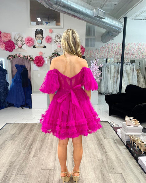 Cute A Line Off the Shoulder Fuchsia Tulle Short Homecoming Dress VK23061402