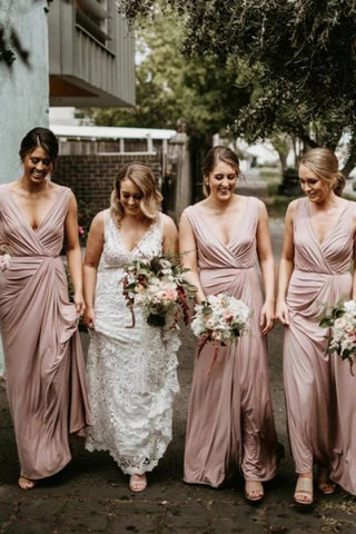 Chic V Neck Sleeveless Long Bridesmaid Dresses, Simple Floor Length Bridesmaid Dress VK0509003