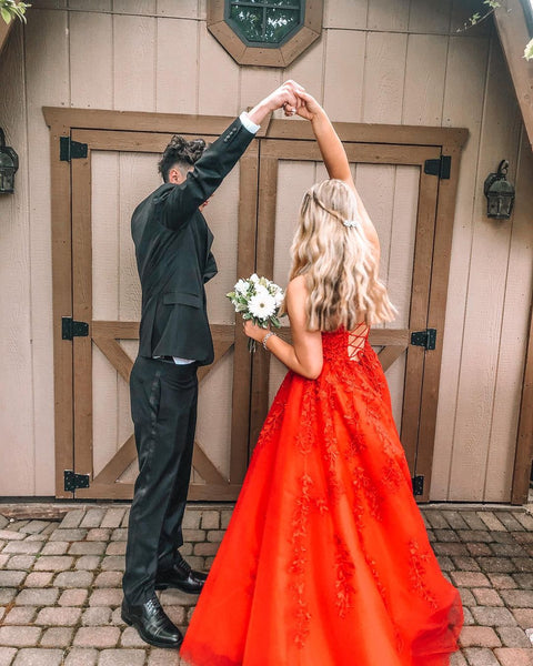 Cute A Line Scoop Neck Red Tulle Prom Dresses with Appliques VK122401