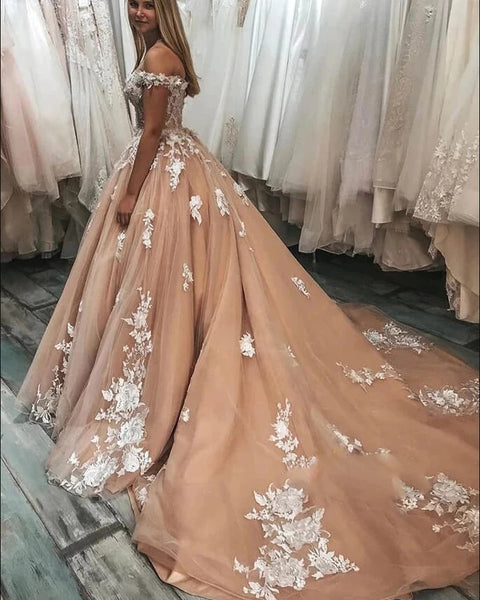 Off Shoulder Gold Wedding Dresses Ball Gown evening Dresses Lace Bridal Dress VK0125002