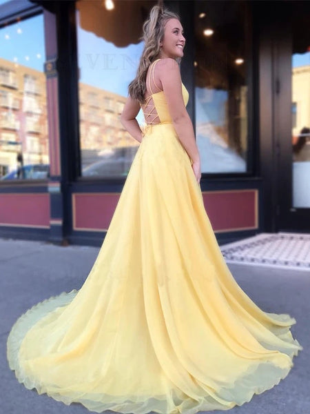 A Line Spaghetti Straps Daffodil Tulle Long Party Dresses, Lace up Formal Dresses VK0125018