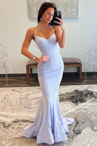 Light Lilac Halter Satin Mermaid Long Prom Dresses with Beading VK24022304