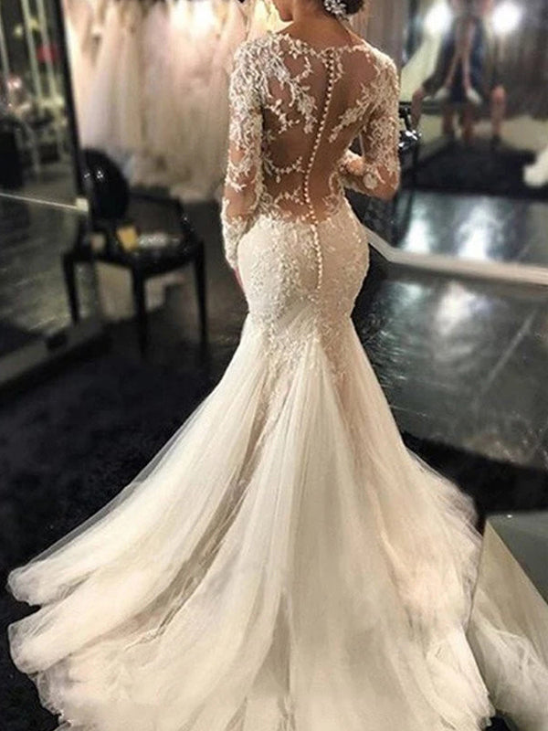 Gorgeous Long Sleeves Mermaid V-neck Wedding Gown,Ivory Bridal Dress With Lace Appliques VK0302007