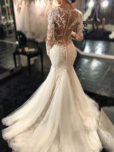 Gorgeous Long Sleeves Mermaid V-neck Wedding Gown,Ivory Bridal Dress With Lace Appliques VK0302007