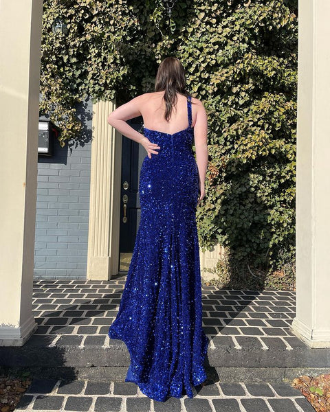 Beautiful Mermaid One Shoulder Royal Blue Sequins Long Prom Dresses with Slit VK22022303