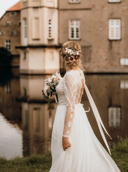 Modest Chiffon V-Neck A-line Backless Wedding Dresses Country With Long Sleeves Gowns VK0208001