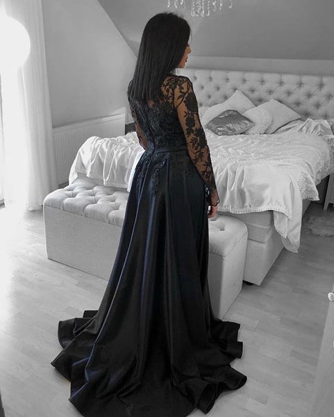 Free Shipping Elegant A-Line High Neck Black Satin Lace Long Prom Evening Dresses with Split,Formal Party Dresses VK0502007