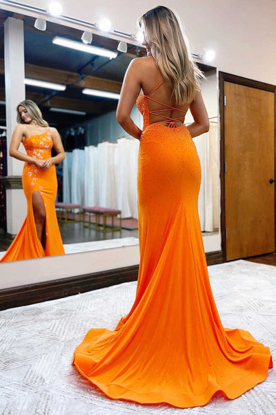 Charming Mermaid One Shoulder Orange Satin Long Prom Dresses with Beading VK111403