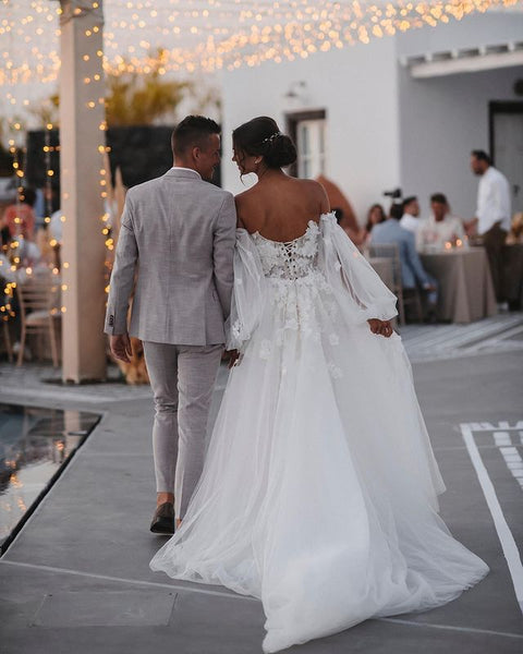 Luxurious Mermaid Lace Wedding Dresses with Ruffled Sleeves, Removable Tulle Train VKWD072902