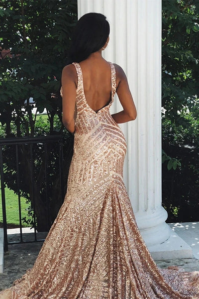 Sparkly Mermaid V Neck Sleeveless Prom Dresses, Sexy Sweep Train Long Prom Dress VK0313003