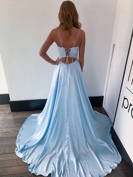 Charming A-Line Scoop Neck Light Blue Satin Long Prom Evening Dresses with Appliques and Split VK0606007