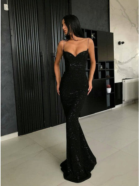 Mermaid Spaghetti Straps Sweetheart Black Sequined Prom Evening Dresses VK0301003