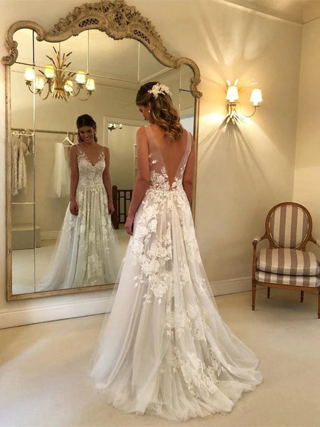 Elegant Lace Wedding Dresses V Neck Backless With Applique Bridal Dresses VK0401003