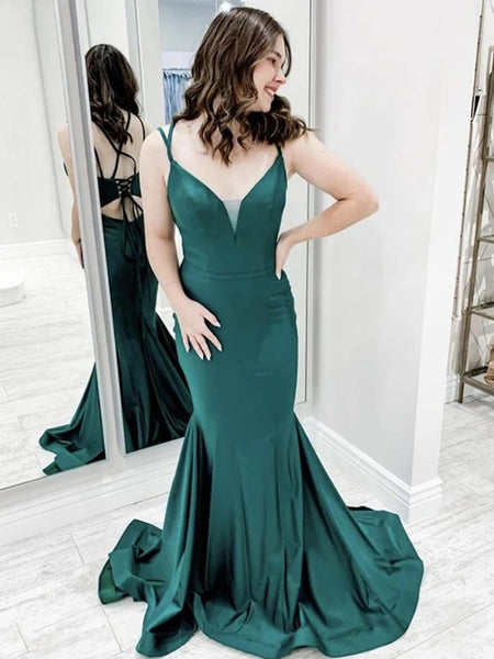 Mermaid V Neck Backless Green Long Prom Dresses, Green Mermaid Formal Graduation Evening Dresses VK0801006