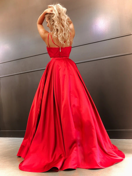 Cute Two Piece Red Satin Long Prom Evening Dresses with Pockets VK0502003