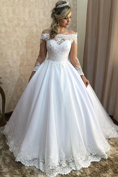 Long Sleeves A-line Off Shoulder White Wedding Dress with Lace VK0318016