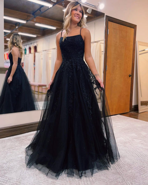 Cute A Line Scoop Neck Black Tulle Prom Dresses with Lace VK121603