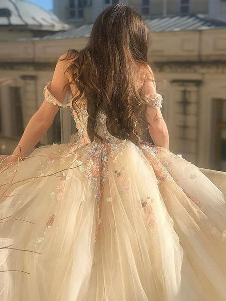 Gorgeous Off Shoulder Long Champagne Lace Floral Prom Dresses, Off Shoulder Champagne Formal Dresses, Floral Evening Dresses VK0606009