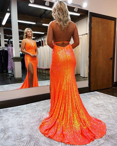 Stunning Sparkly Mermaid V Neck Orange Sequins Prom Dresses with Appliques VK34980331