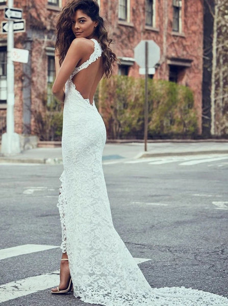 Beautiful Mermaid Round Neck Lace Wedding Dresses with Train VK0105012