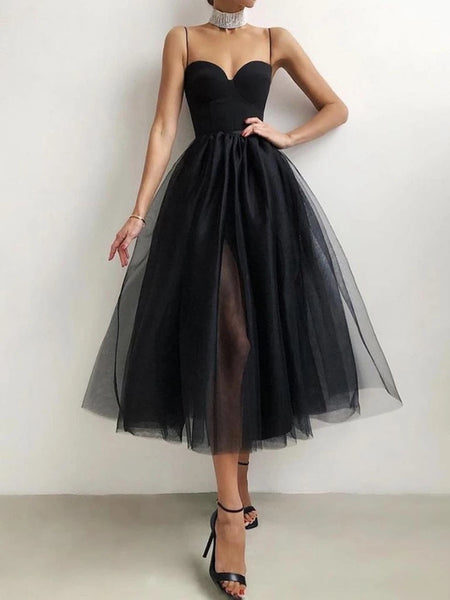 Chic A-Line Sweetheart Black Tulle Midi Prom Evening Dresses,Little Black Party Dresses VK0606008