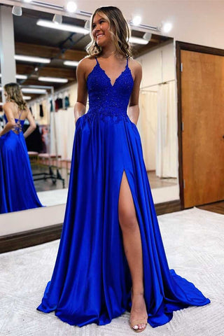 Cute A Line V Neck Royal Blue Satin Long Prom Dresses with Slit VK112601