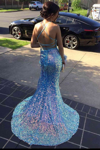 Sparkly Sequins Light Blue Prom Dresses with Slit for 2022 VK22022106