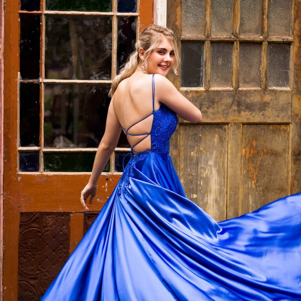 Charming A-Line Sweetheart Royal Blue Satin Long Prom Dresses with Lace Appliques VK22022301