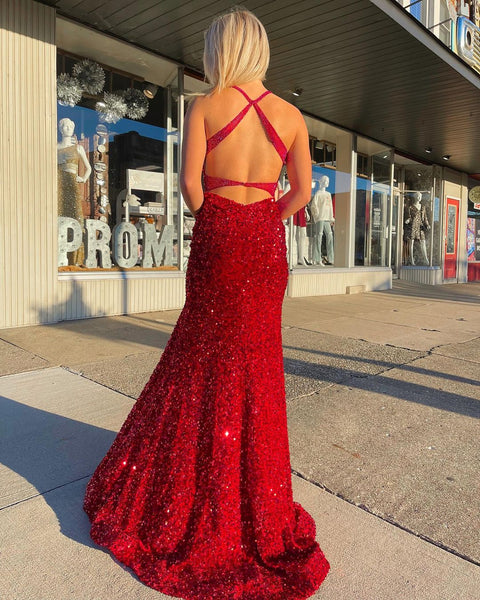 Sparkly Mermaid V Neck Red Sequins Long Prom Dresses with Beading VK112305
