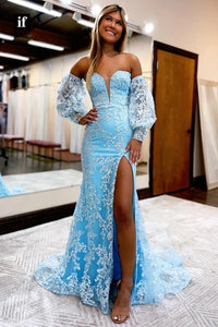 Cute Mermaid Sweetheart Light Blue Lace Long Prom Dresses VK112803 Vickidress