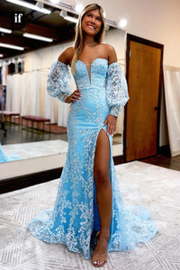 Cute Mermaid Sweetheart Light Blue Lace Long Prom Dresses VK112803