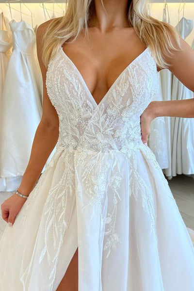 Gorgeous A Line V Neck Organza Satin Long Wedding Dresses with Appliques VK082202