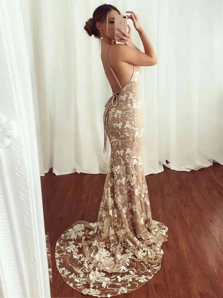 Free Shipping Mermaid V Neck Cross Back Champagne Prom Evening Dresses with Appliques VK0119045