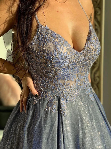 Unique Lace Prom Dresses A-line Appliqued Evening Gowns VK0118026