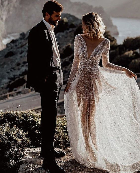 Sparkly A Line V Neck See-Through Sequins Wedding Dress with Long Sleeves VK22051601