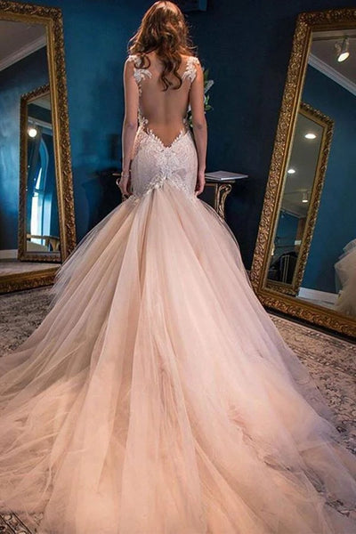 Gorgeous Mermaid Sweetheart Sleeveless Tulle Wedding Dresses with Lace Top VK0302005