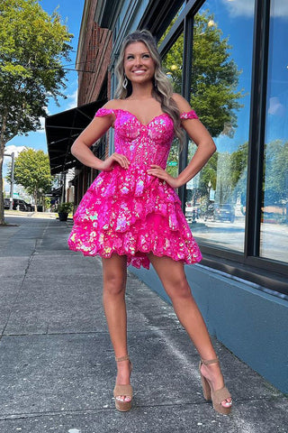 Pretty A-Line Off the Shoulder Hot Pink Sequin Lace Short Homecoming Dresses VK23082406