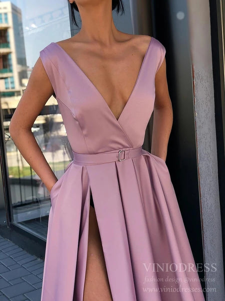 Elegant A-Line V Neck Blush Pink Stain Long Prom Dresses with Pockets VK0620001